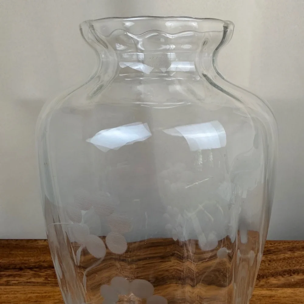 Vintage Hand Blown Optic Glass Vase Etched Floral Scalloped Rim Clear 8 inch